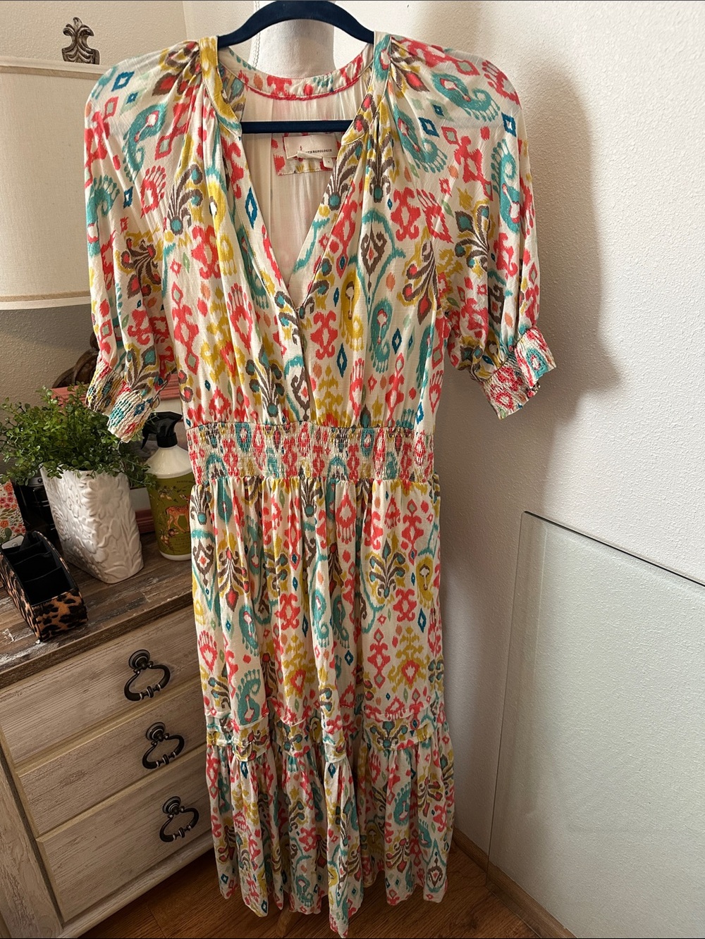 Anthropologie Multicolor Ikat-Print Midi Dress in Cream, Coral, Teal & Yellow